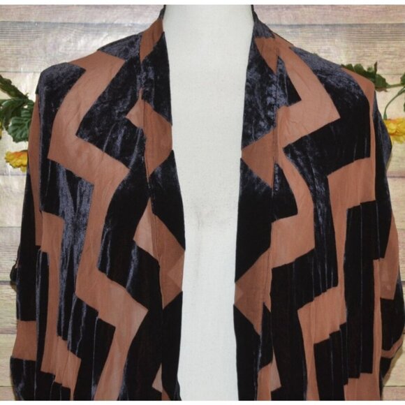 Dolan Antropologie L Brown Silk Black Velvet Chevron Open Top Jacket Sleeveless - Picture 2 of 10